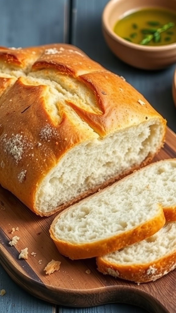 Beast Yeast 5 Recipe A golden brown loaf of bread sliced to show its soft interior, on a wooden board with olive oil.